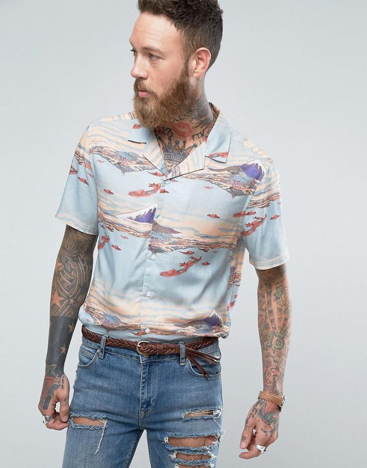 Asos Regular Fit Viscose Shirt With Scenic Print - Blue