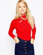 Asos Rib Sweater With Roll Neck With Button Cuff - Red