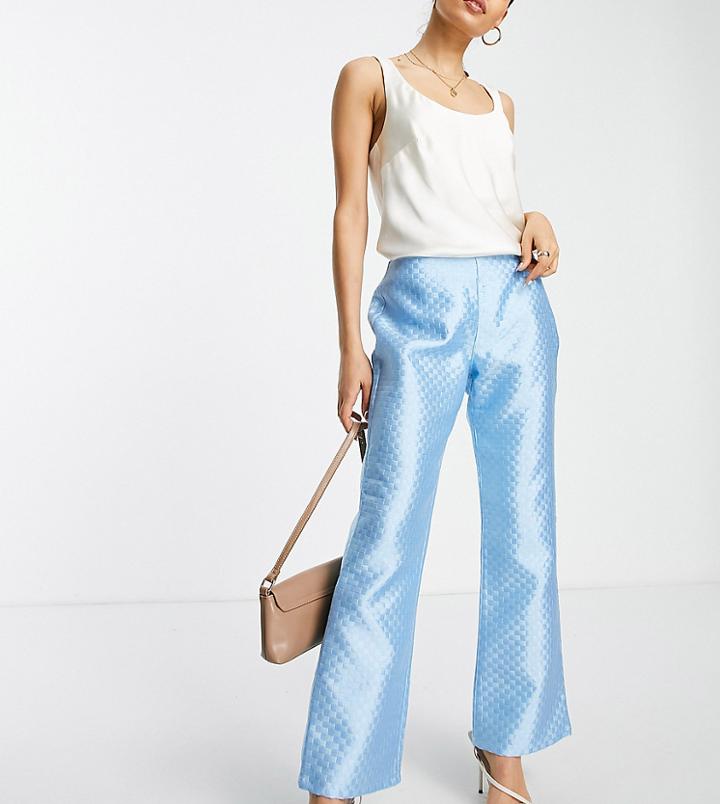 Asos Design Petite Satin Jacquard Checkerboard Pants In Blue-blues