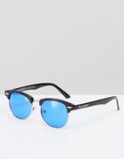 Pull & Bear Retro Sunglasses In Black With Blue Lens - Black