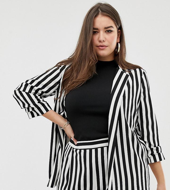 Asos Design Curve Relaxed Suit Blazer In Bold Mono Stripe - Multi