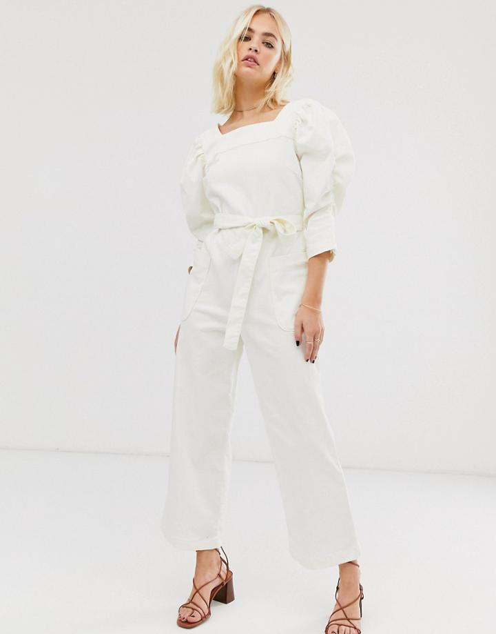 Asos White Square Neck Denim Jumpsuit With Volume Sleeves-multi