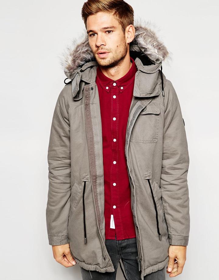 Native Youth Parka With Faux Fur Hood - Gray
