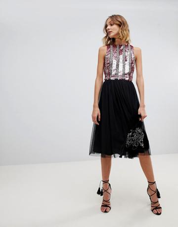 Lace & Beads Tulle Midi Skirt In Black