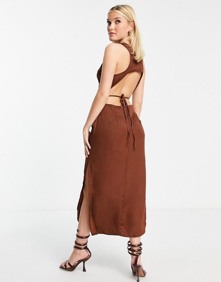 Lola May Open Back Satin Midi Dress In Chocolate Brown