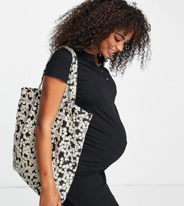 Cotton: On Maternity Ribbed Short Sleeve Henley Dress In Black