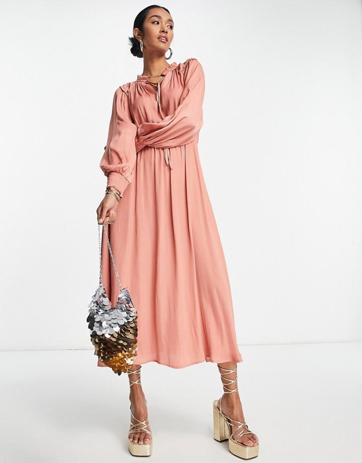 Vila Satin Maxi Dress With Ruffle Detail In Coral-orange