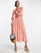 Vila Satin Maxi Dress With Ruffle Detail In Coral-orange