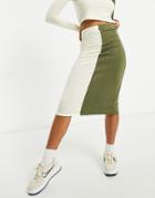 Unique21 Knitted Two Tone Midi Skirt In Ecru And Khaki-green