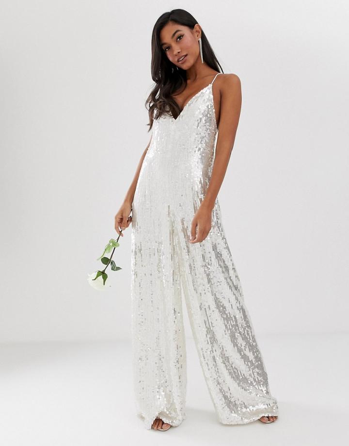 Asos Edition Wide Leg Sequin Cami Jumpsuit-white