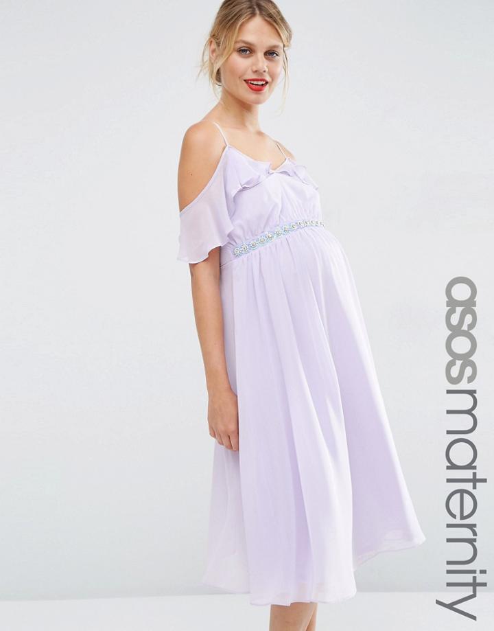 Asos Maternity Midi Dress With Cold Shoulder - Purple