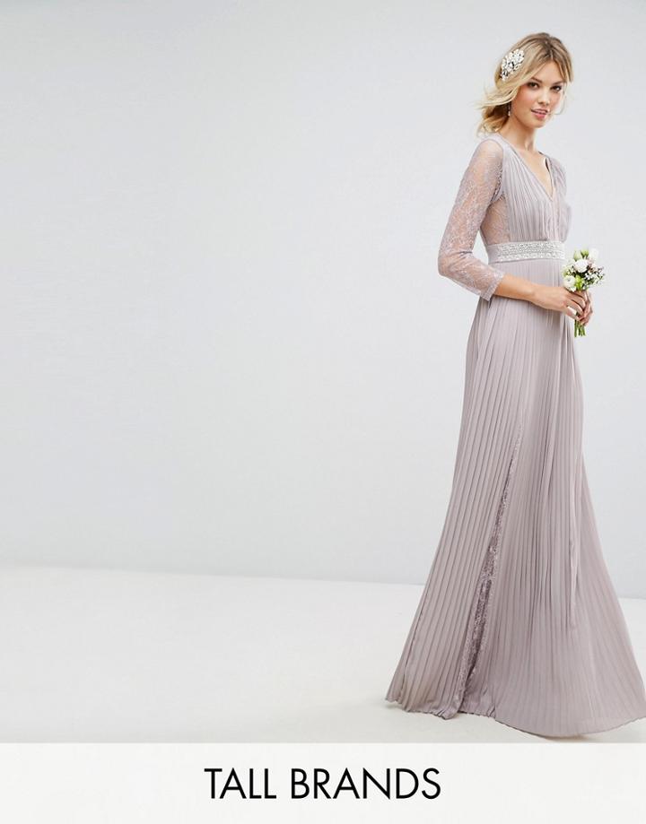 Tfnc Tall Pleated Maxi Dress With Long Sleeves And Lace Inserts With Embellished Waist - Gray