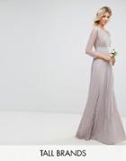 Tfnc Tall Pleated Maxi Dress With Long Sleeves And Lace Inserts With Embellished Waist - Gray
