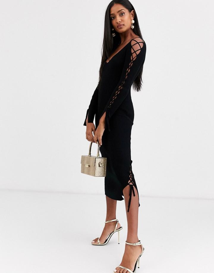 Asos Design Ribbed Midi Dress With V Neck And Lace Up Sleeve Detail-black
