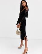 Asos Design Ribbed Midi Dress With V Neck And Lace Up Sleeve Detail-black