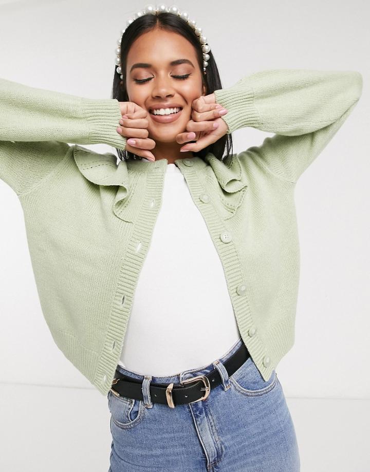 Monki Mimmi Frill Detail Cardigan In Dusty Green