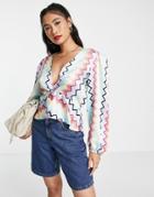 Vila Satin Blouse With Twist Front In Pastel Zig Zag Print - Part Of A Set-multi
