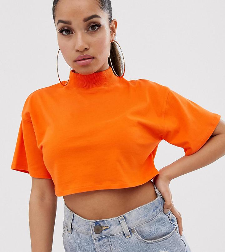 Asos Design Petite Super Crop High Neck Tee In Orange - Orange