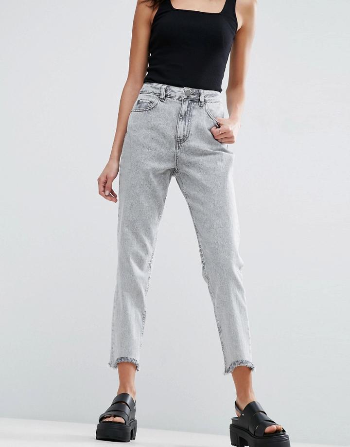 Asos Original Mom Jeans In Percy Black Acid Wash With Arched Raw Hem - Black