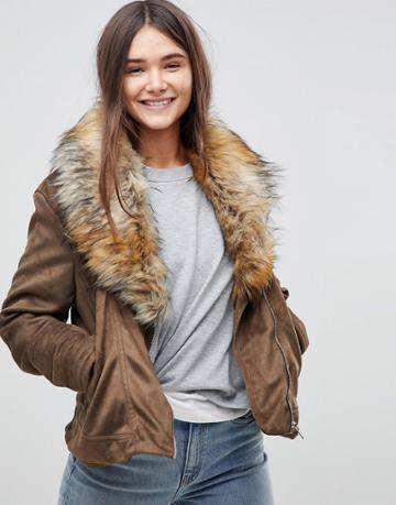 Brave Soul Bellini Jacket With Deep Faux Fur Collar-brown