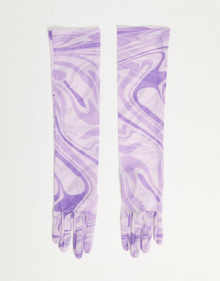 Asos Design Long Mesh Gloves In Lilac Swirl Print-purple