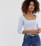 Stradivarius Str Square Neck Long Sleeved Top With Lettuce Edge - Blue