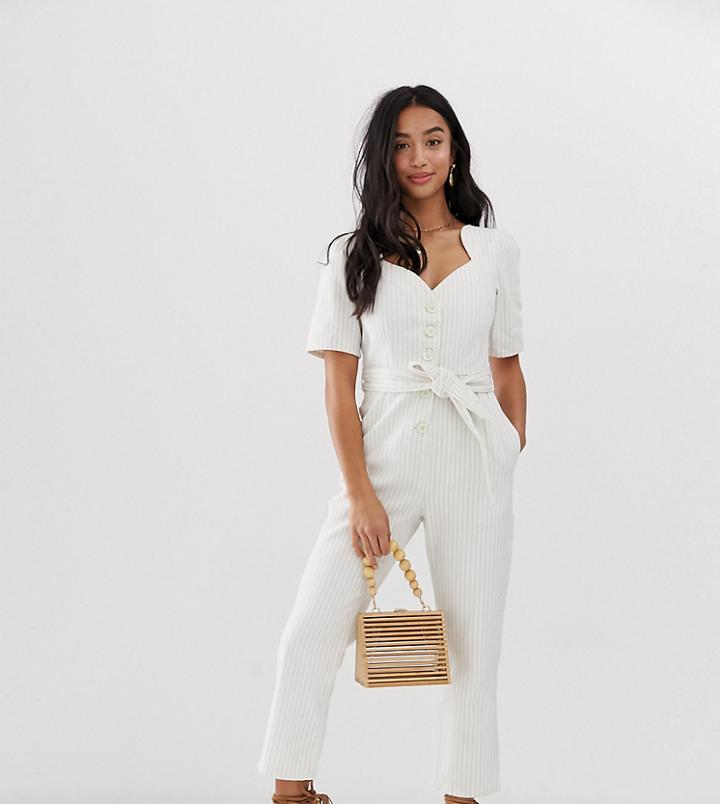 Asos Design Petite Denim Sweetheart Neck Puff Sleeve Jumpsuit In Stripe-multi