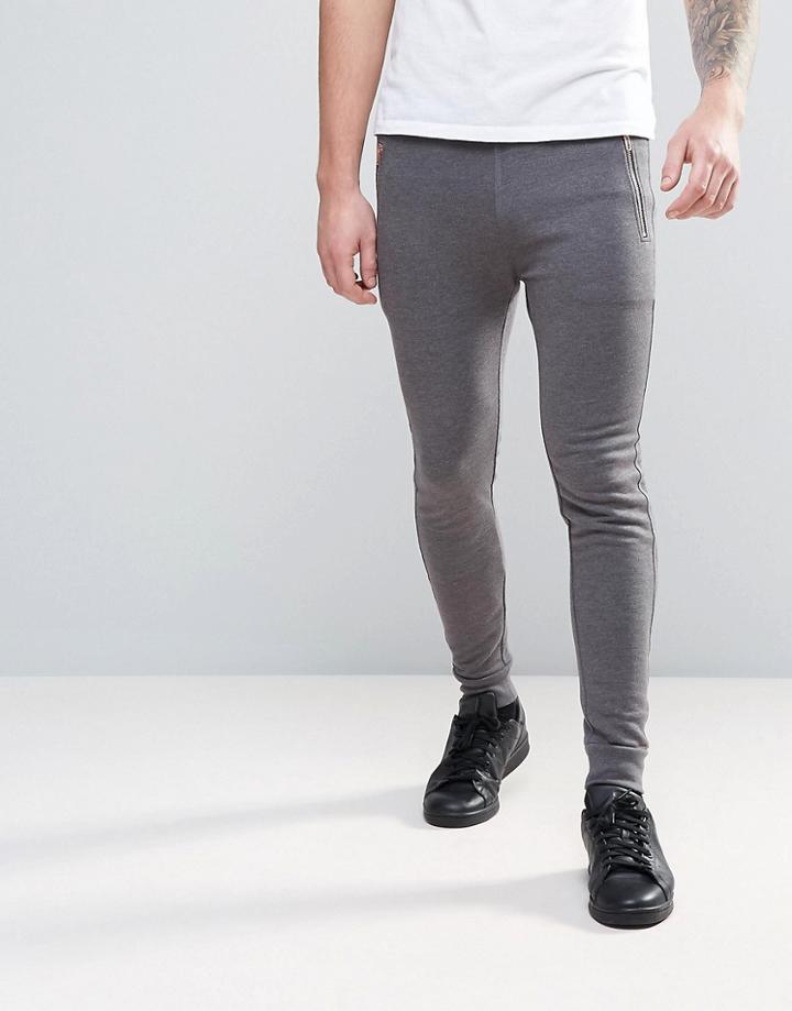 Asos Super Skinny Joggers With Zip Pockets In Charcoal Marl - Gray