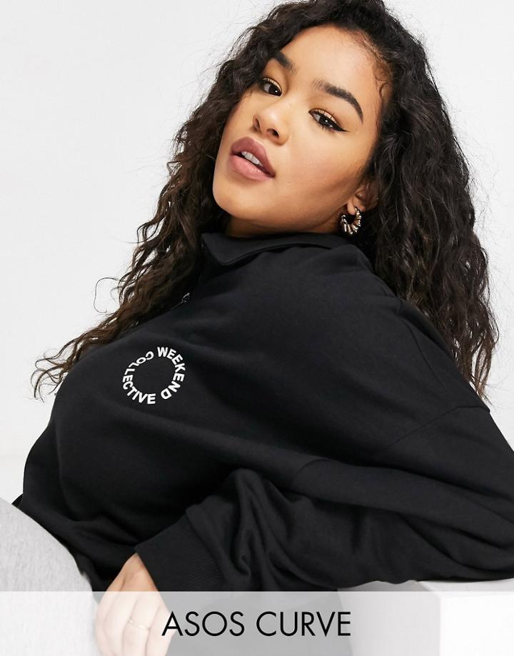 Asos Weekend Collective Curve Polo Sweatshirt With Half Zip And Logo In Black