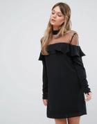 Fashion Union Frill Dress With Sheer Panel And Choker Detail - Black