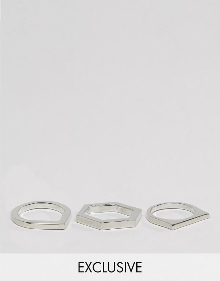 Designb London Geometric Rings In 3 Pack Exclusive To Asos - Silver