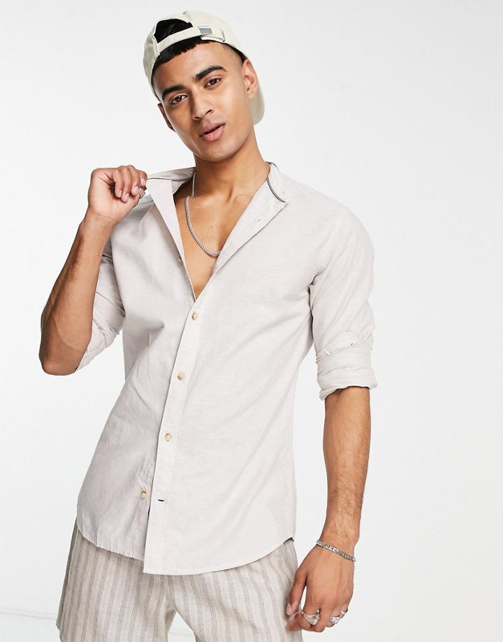 Jack & Jones Essentials Linen Grandad Collar Shirt In Beige-neutral