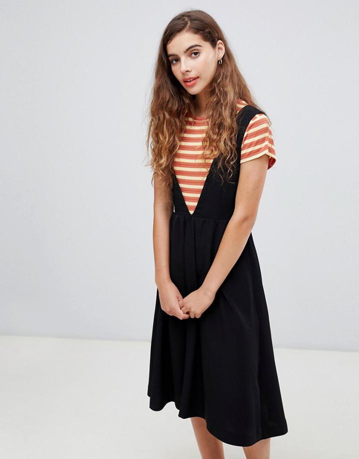 Monki V-neck Midi Pinny Dress In Black - Black