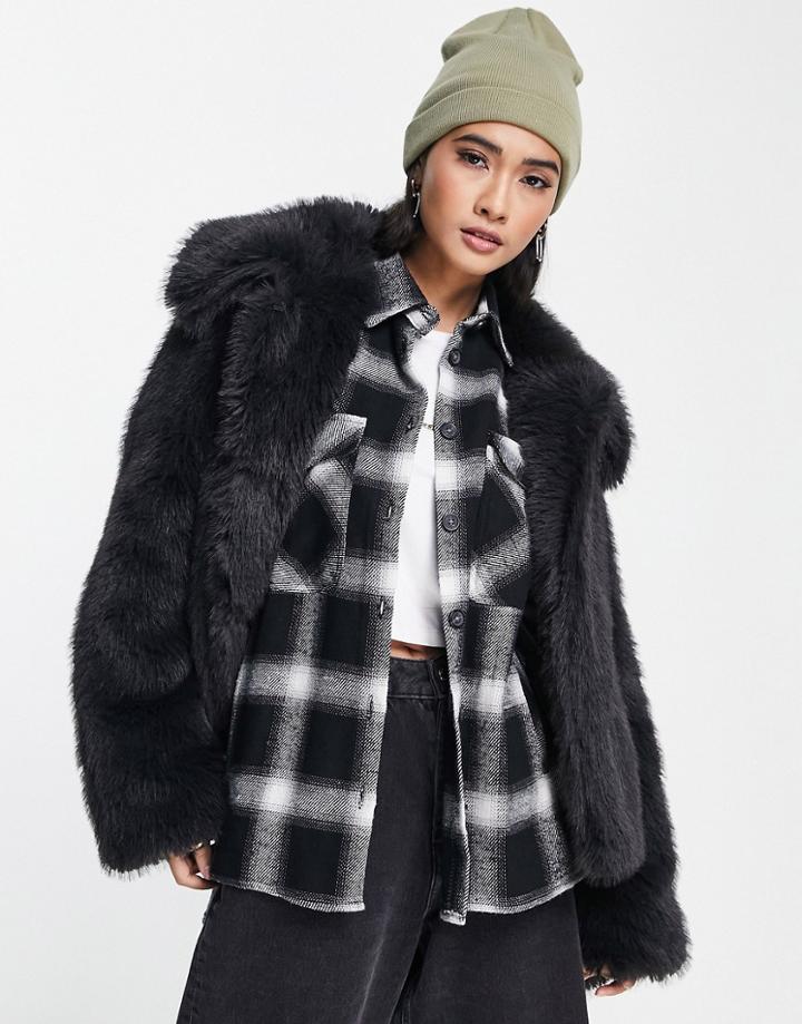 Topshop Short Fur Coat In Charcoal-gray