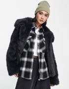 Topshop Short Fur Coat In Charcoal-gray