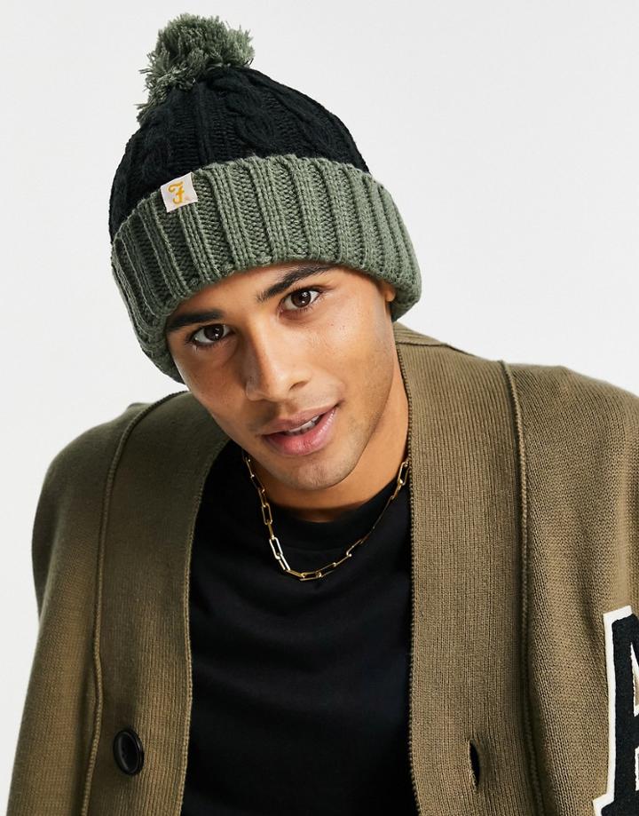 Farah Logo Cable Knit Bobble Hat In Black