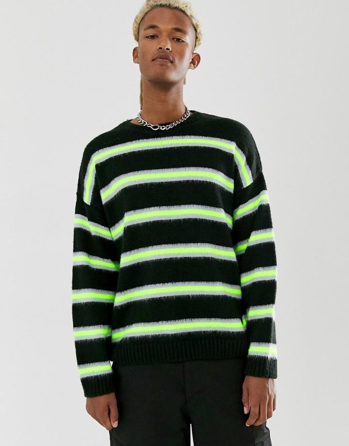 Asos Design Oversized Neon Stripe Sweater In Black - Black