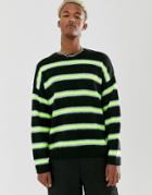 Asos Design Oversized Neon Stripe Sweater In Black - Black