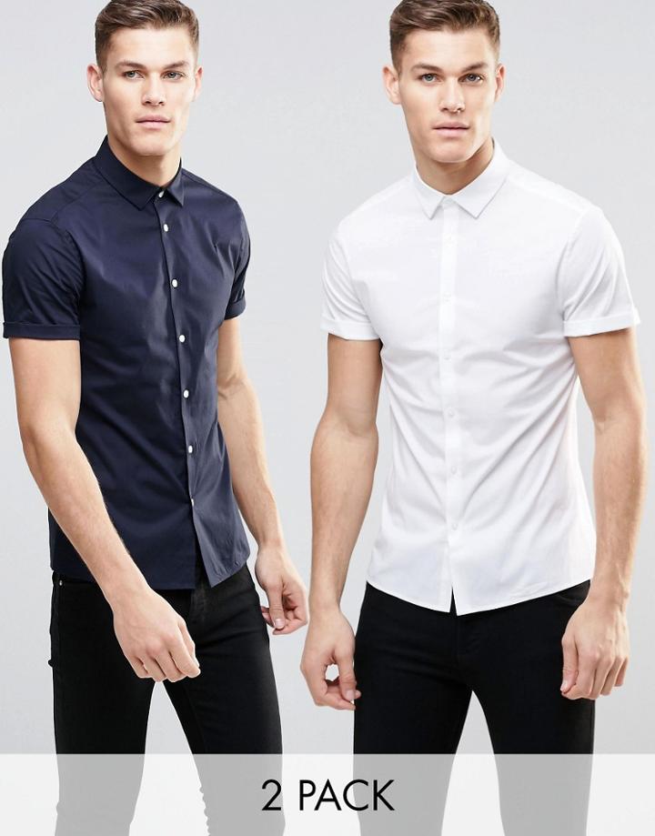Asos Skinny Shirt In White And Navy With Short Sleeves 2 Pack Save 15%