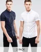 Asos Skinny Shirt In White And Navy With Short Sleeves 2 Pack Save 15%