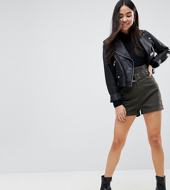 Asos High Waisted Peg Shorts In Khaki With Extra Long Belt - Green