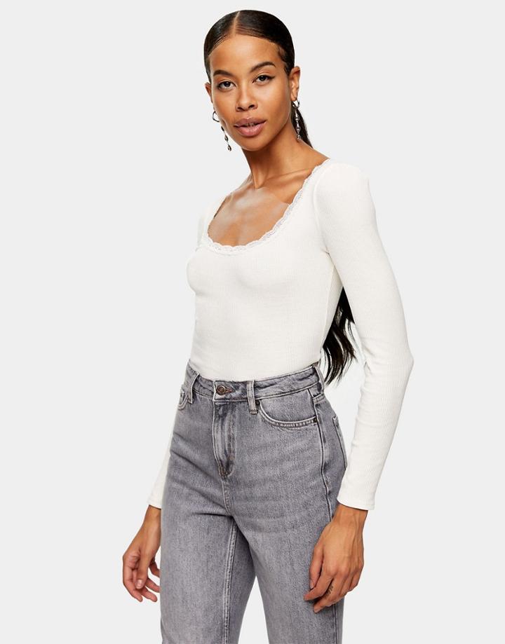 Topshop Lace Trim T-shirt In Pink