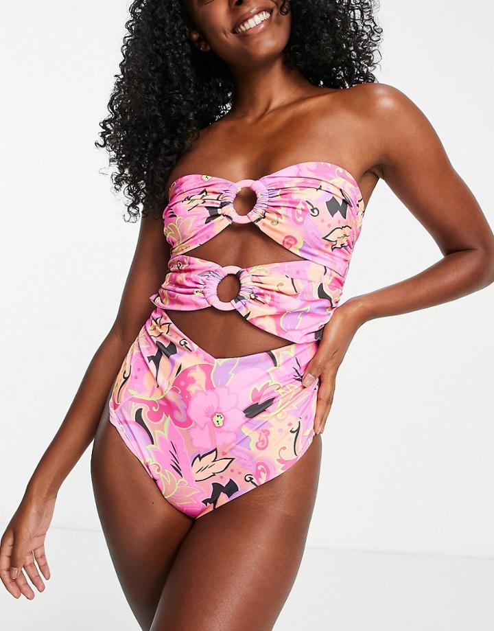 Asos Design Recycled Gathered Ring Bandeau Swimsuit In Bold Floral Print-multi