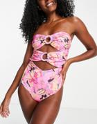 Asos Design Recycled Gathered Ring Bandeau Swimsuit In Bold Floral Print-multi