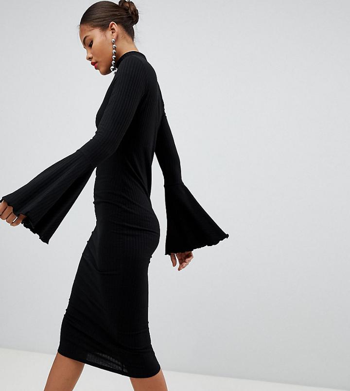 Asos Design Tall Midi Bodycon Dress With Flared Sleeves - Black