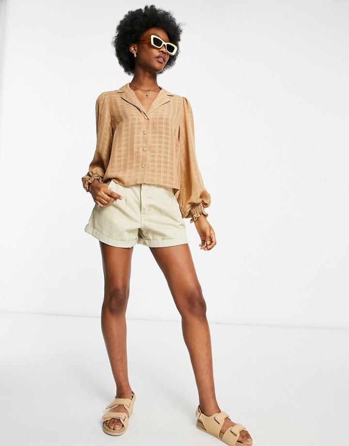 Vila Gathered Cuff Shirt In Camel-brown