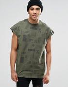Asos Oversized Sleeveless T-shirt With Military Print In Khaki - Khaki
