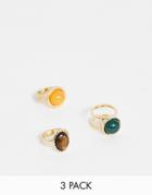 Asos Design Pack Of 3 Rings With Faux Tigers Eye And Stone Detail In Gold Tone - Gold