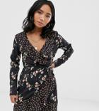 Parisian Petite Wrap Dress With Frill In Floral Mix Print-black