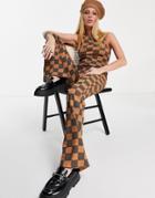 Topshop Checkerboard Ribbed Flared Pant In Brown - Part Of A Set
